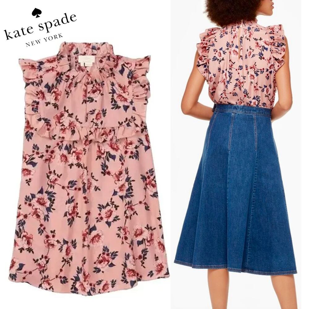 $248 KATE SPADE NWT Pink & Navy Blue Floral Ruffle Blouse Top – Small